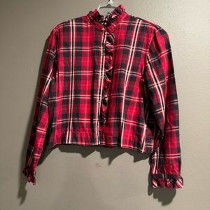 Chaps Denim Plaid Button Down Top With Ruffle Details Size XL